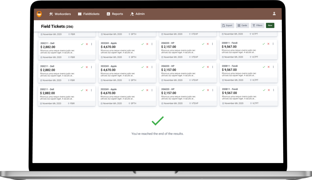 MacBook Pro with a web app showing a list of Field Tickets